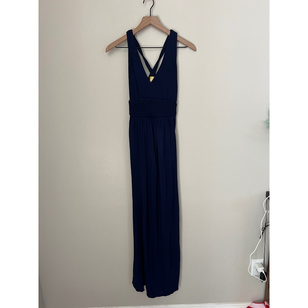 Maeve Anthropologie Navy Blue Yuma Maxi Dress Woven Empire Waist V-Neck Size 4 - Picture 2 of 7